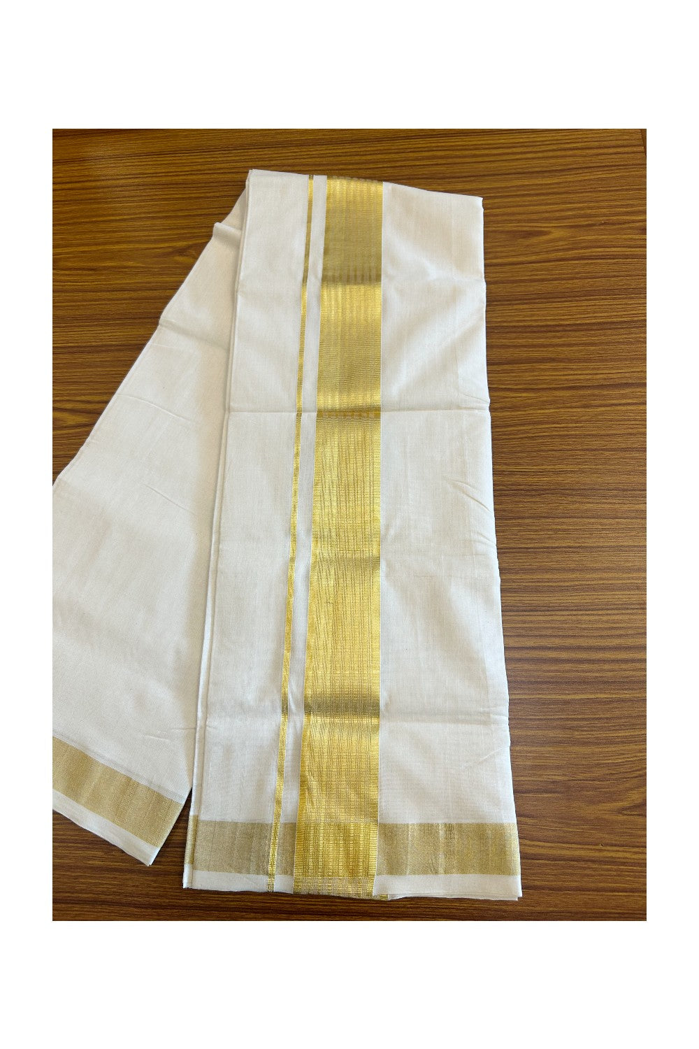 25% DISCOUNT ! KaithariKada HANDLOOM Unakkupaav Balaramapuram - 100% PURE Cotton Off White (Unbleached) Double Mundu/Dhoti - 2.25 INCH KASAVU STRIPES KARA - 2KK71RAM
