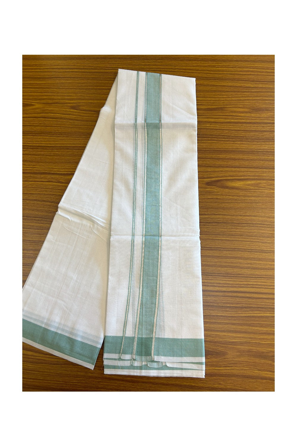29% DISCOUNT! KaithariKada Balaramapuram 100% Mercerised Cotton Double ULTRA PURE white Mundu/Dhoti - 100x100 2.25 inch Silver Kasavu & Light Pista green Kara - 29KK5108GAN