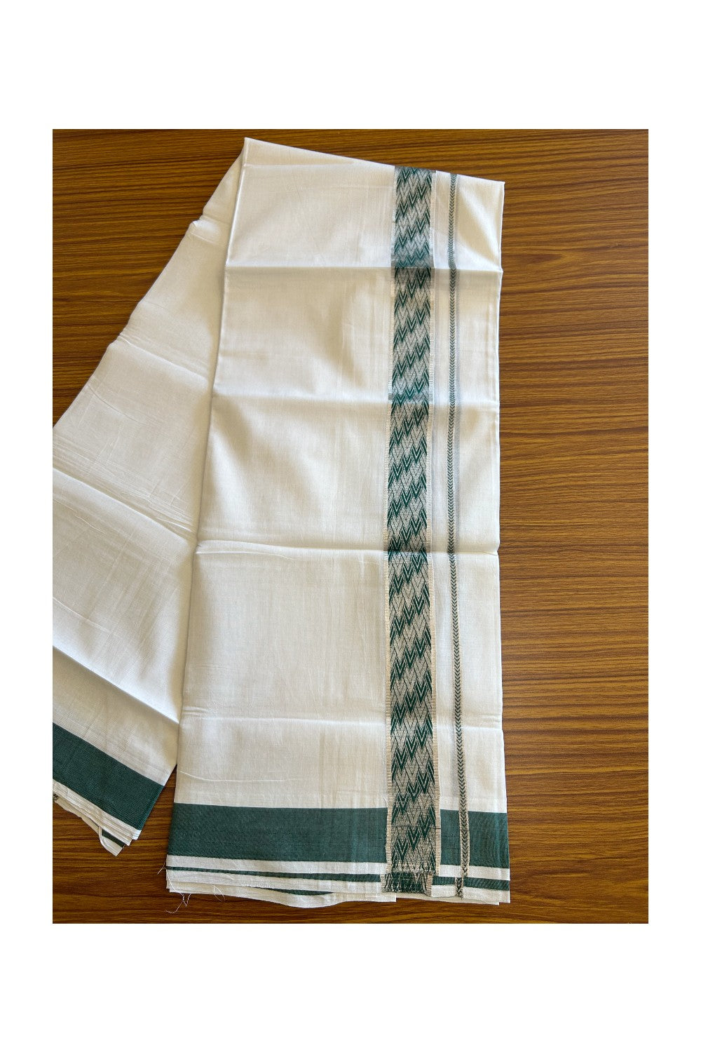 20% DISCOUNT! KaithariKada Balaramapuram 100% Cotton Double PURE white Mundu/Dhoti - 100x80 - 2 Inch Silver kasavu Dark Green jacquard pattern Kara - 29KK5112PMC
