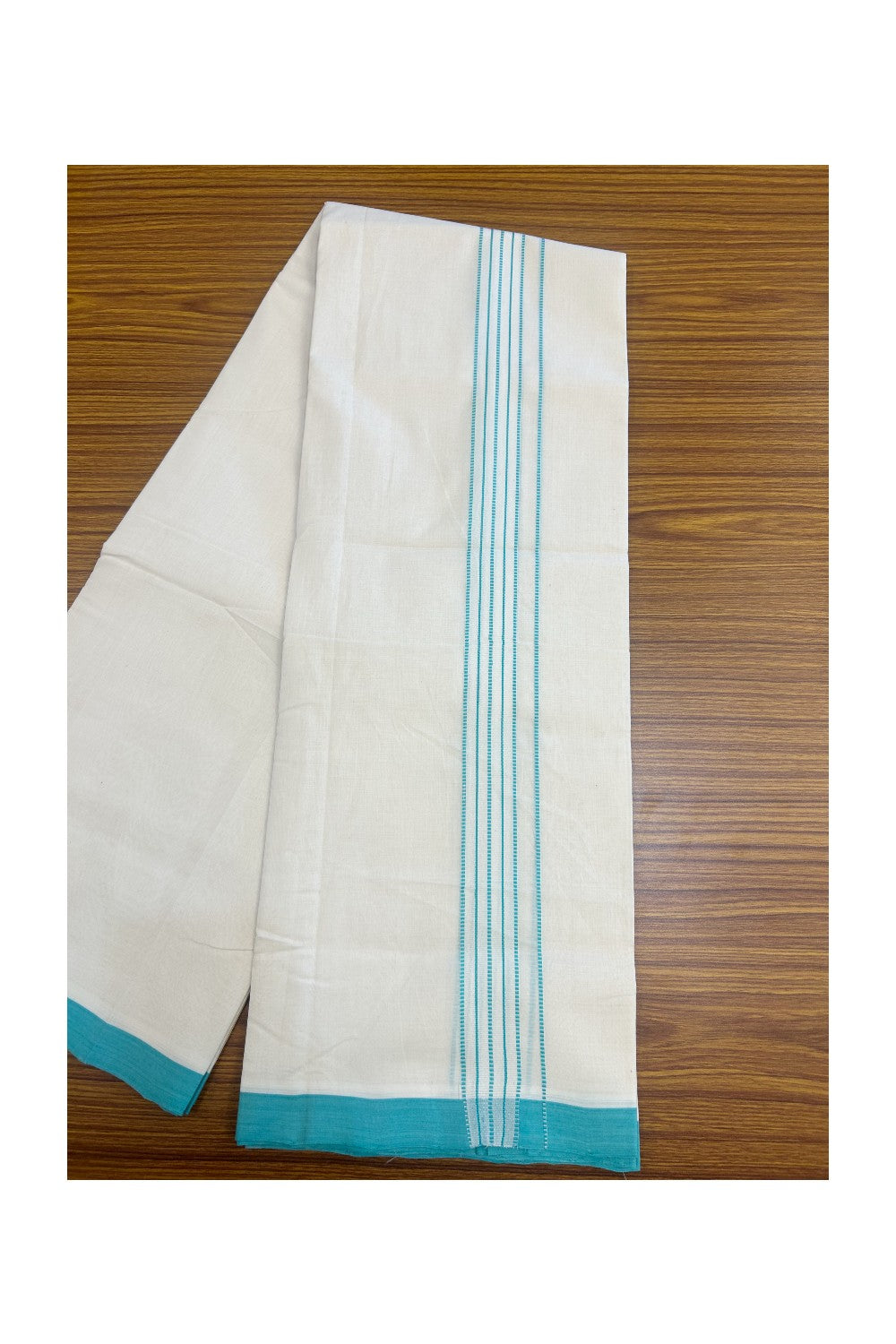 25% DISCOUNT!! KaithariKada HANDLOOM UNAKKUPAAV Balaramapuram - 100% PURE Cotton OFF White - (Unbleached) Double Mundu/Dothi - 100x100 - 1.25 inch Turquoise blue stripes pattern kara 3.80 meter (8.5 Muzham) - 17KK5167REA