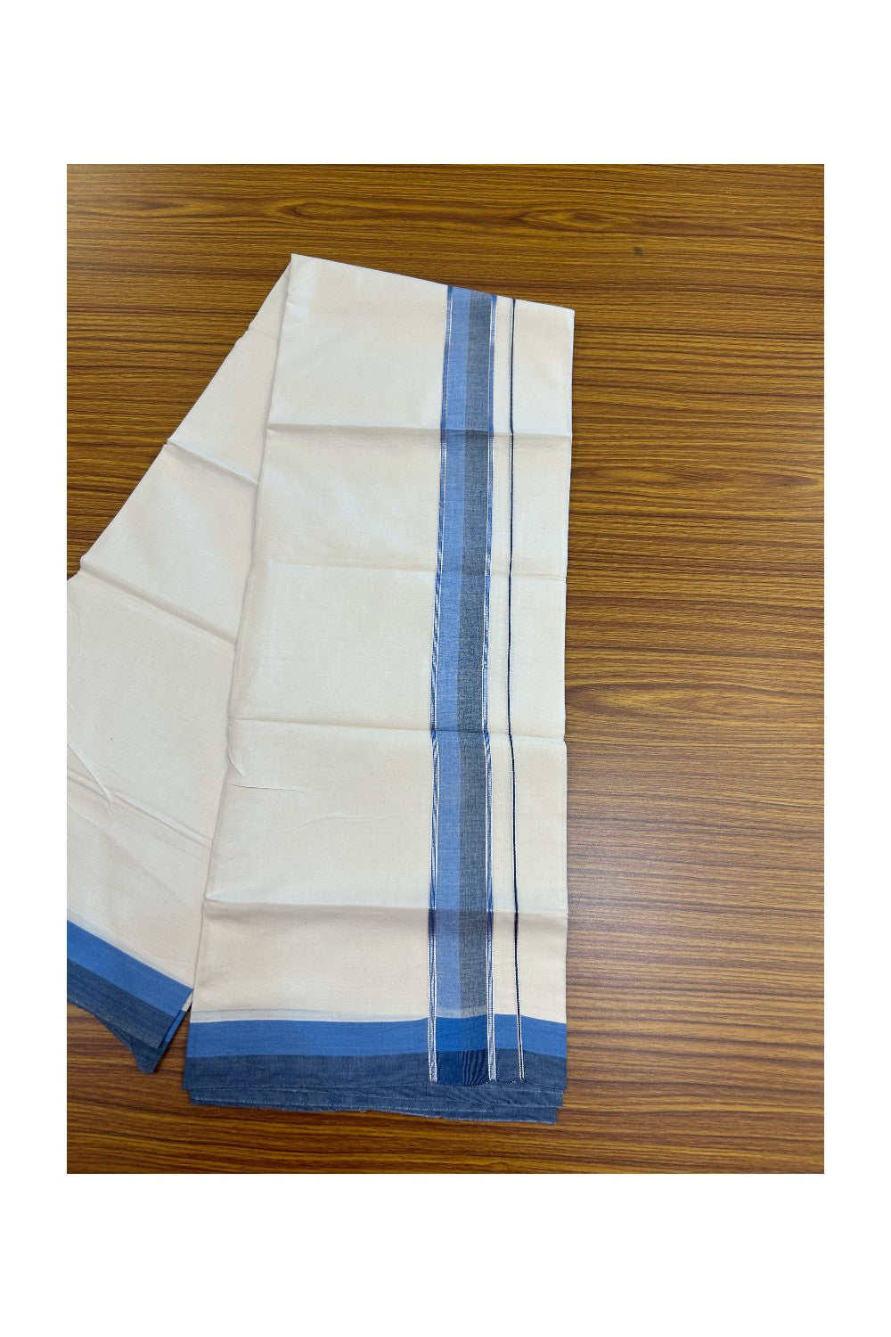 20% DISCOUNT !! KaithariKada Balaramapuram 100% Pure Cotton Double Off white - (Unbleached) Mundu/Dhoti-100x100 - 1.5 inch Puliyilakkara Silver Kasavu Blue & Navy Blue Shaded Stripes Kara - 28KK5186CKS
