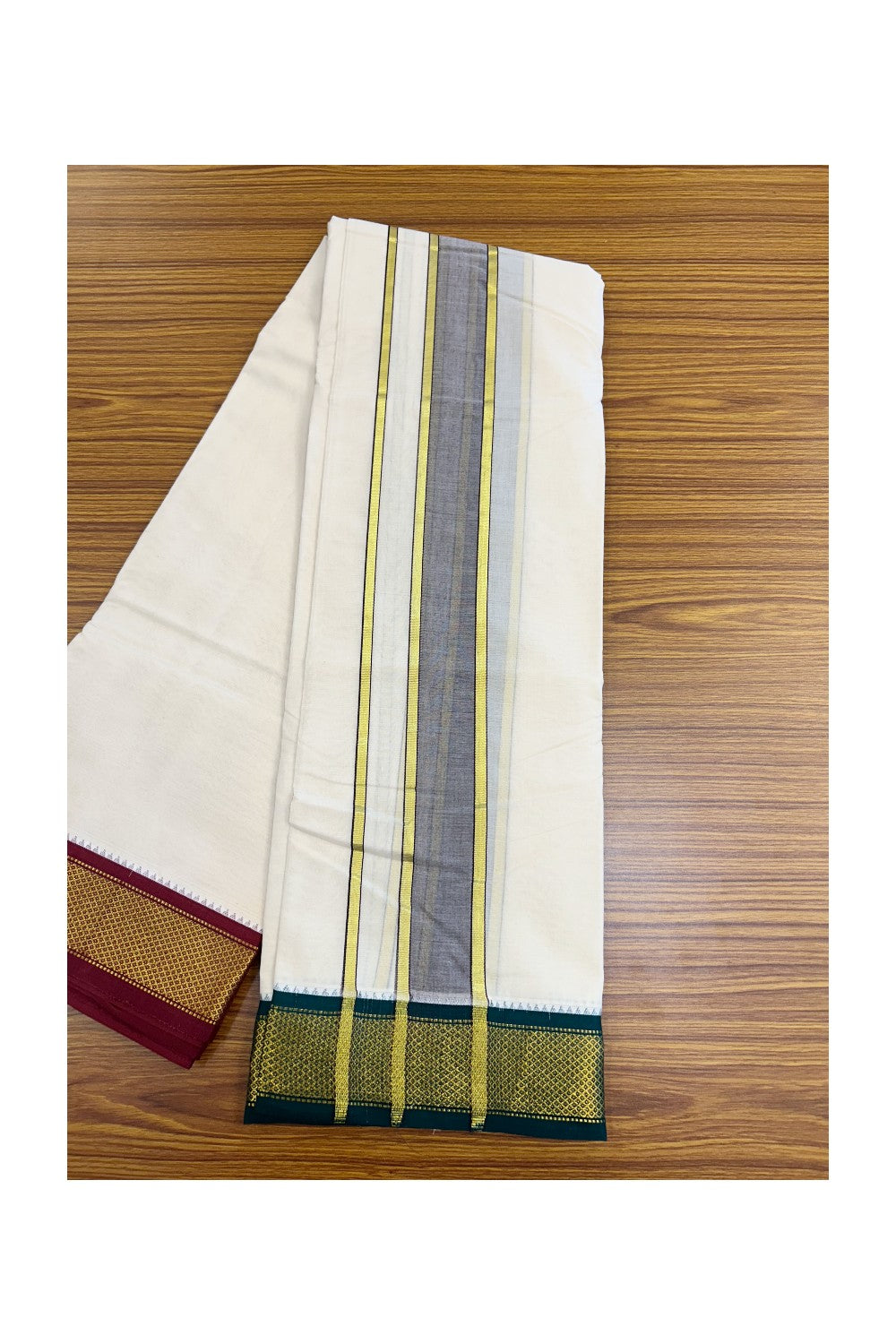 20% DISCOUNT! KaithariKada 100% Cotton Off White - (Unbleached) 100x100 thread - NORTH INDIAN- ATTACHED GAMCHA 10x6 Dhoti 2.25 inch Violet kara with Maroon & Dark Green Kasavu border - 29KK5196PMC