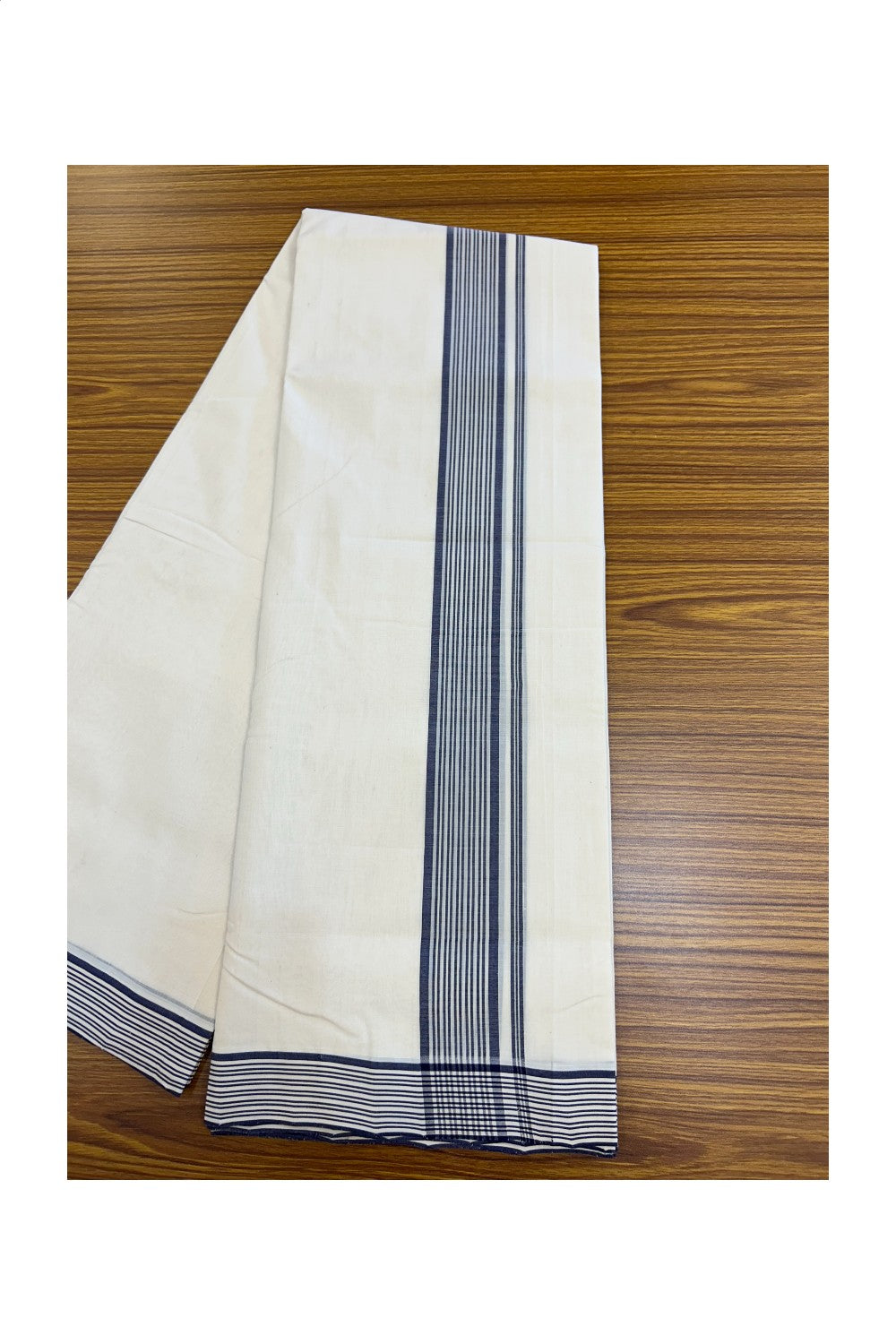 25% DISCOUNT!! KaithariKada HANDLOOM UNAKKUPAAV Balaramapuram - 100% PURE Cotton OFF White - (Unbleached) Double Mundu/Dothi - 80x100 - 1.75 inch Blue Shaded Striped Kara- 29KK5209 REA