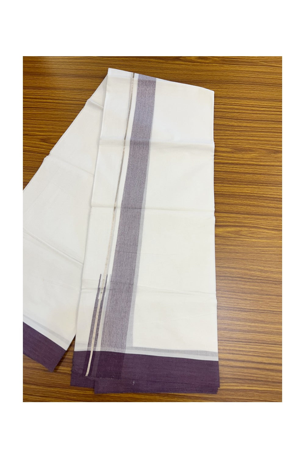 20% DISCOUNT!! Kaitharikada Balaramapuram 100% Pure Cotton PURE WHITE Double Mundu/Dothi - 100x80 - 1.75 Inch Silver Kasavu Grape shaded Stripes Puliyilakkara Chutty - 29KK5217 CKS