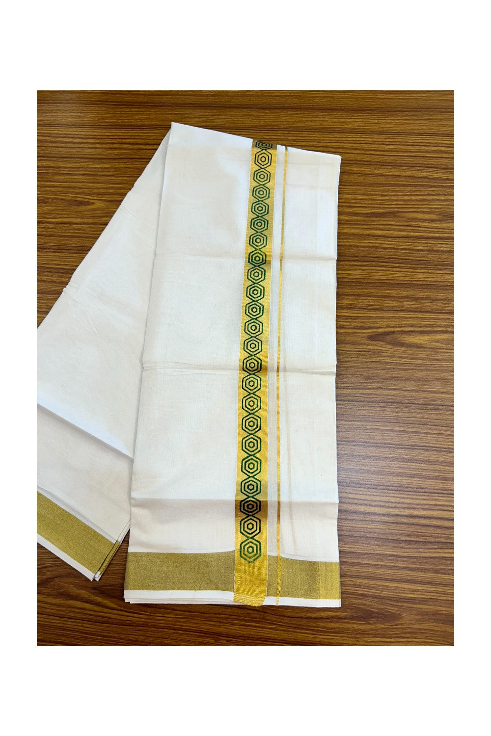 22% Discount!! KaithariKada Balaramapuram 100% Cotton DOUBLE OFF WHITE - (Ubleached) Mundu/Dhoti - 80x90 - 1.5 inch Gold Kasavu with Light Green Printed Design Kara - 29KK5219 GAN