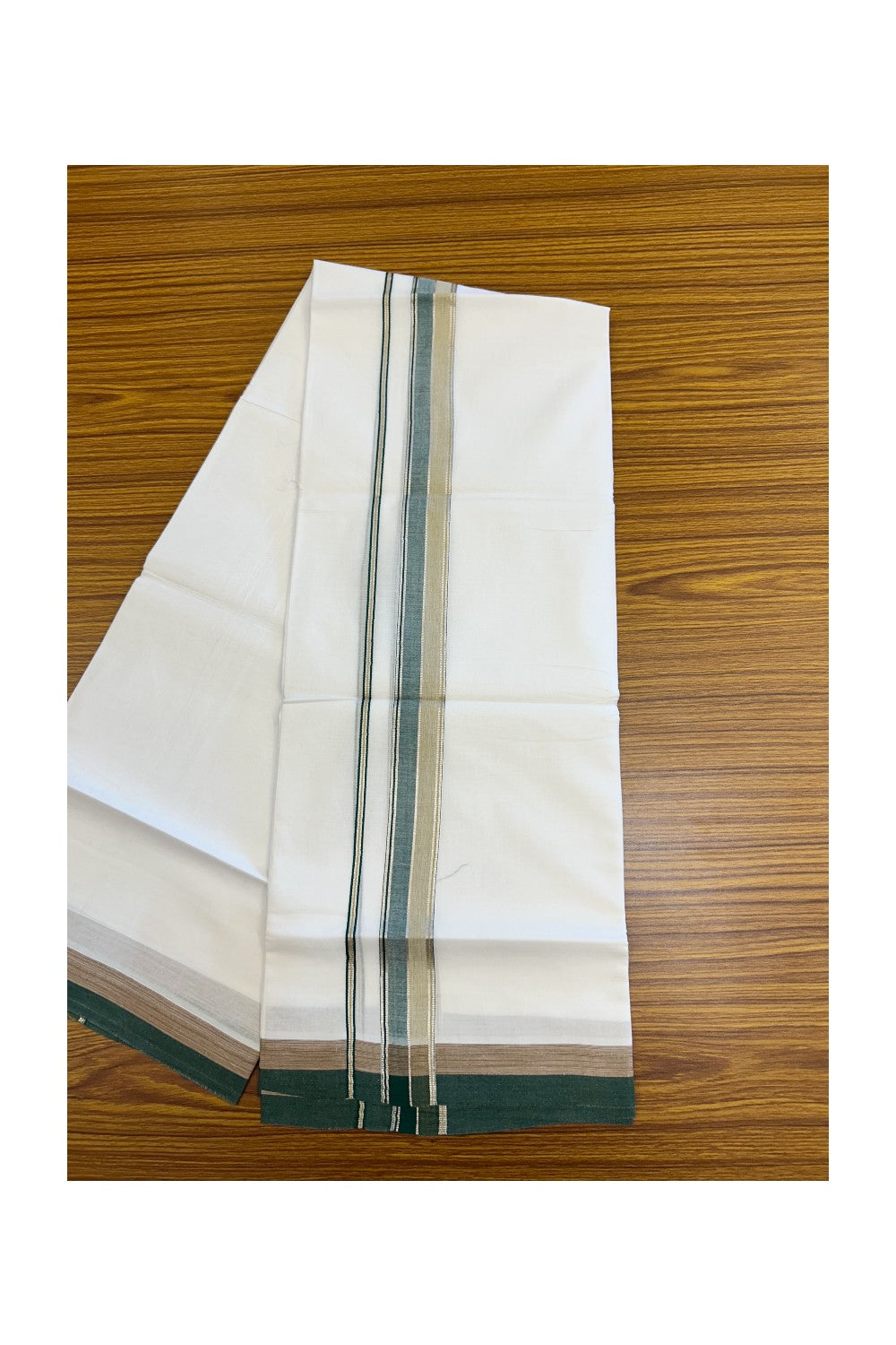20% DISCOUNT! KaithariKada Balaramapuram 100% Cotton Double Pure white Mundu/Dhoti- 100x80 - 1.5 inch Silver Kasavu Green & Light Brown Shaded Striped Kara - 3.84mtr ( 8 muzham) - 29KK5227 PMC