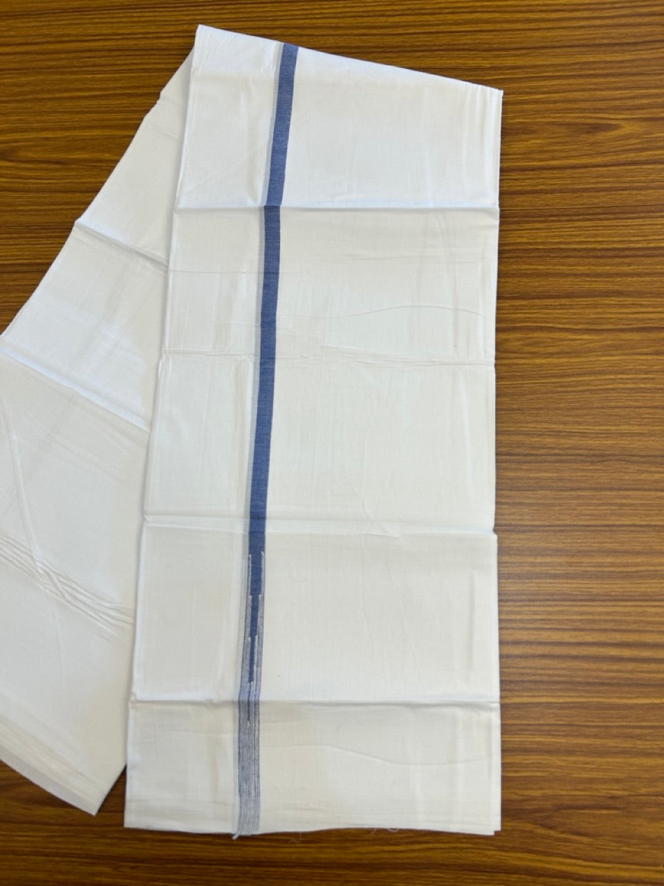 20% DISCOUNT!! NEW!! KaithariKada Balaramapuram 100% Cotton PURE WHITE Double Mundu/Dhoti - (100x80)s - 0.5 inch Blue Kara chutty - 29 KK5249 VIN
