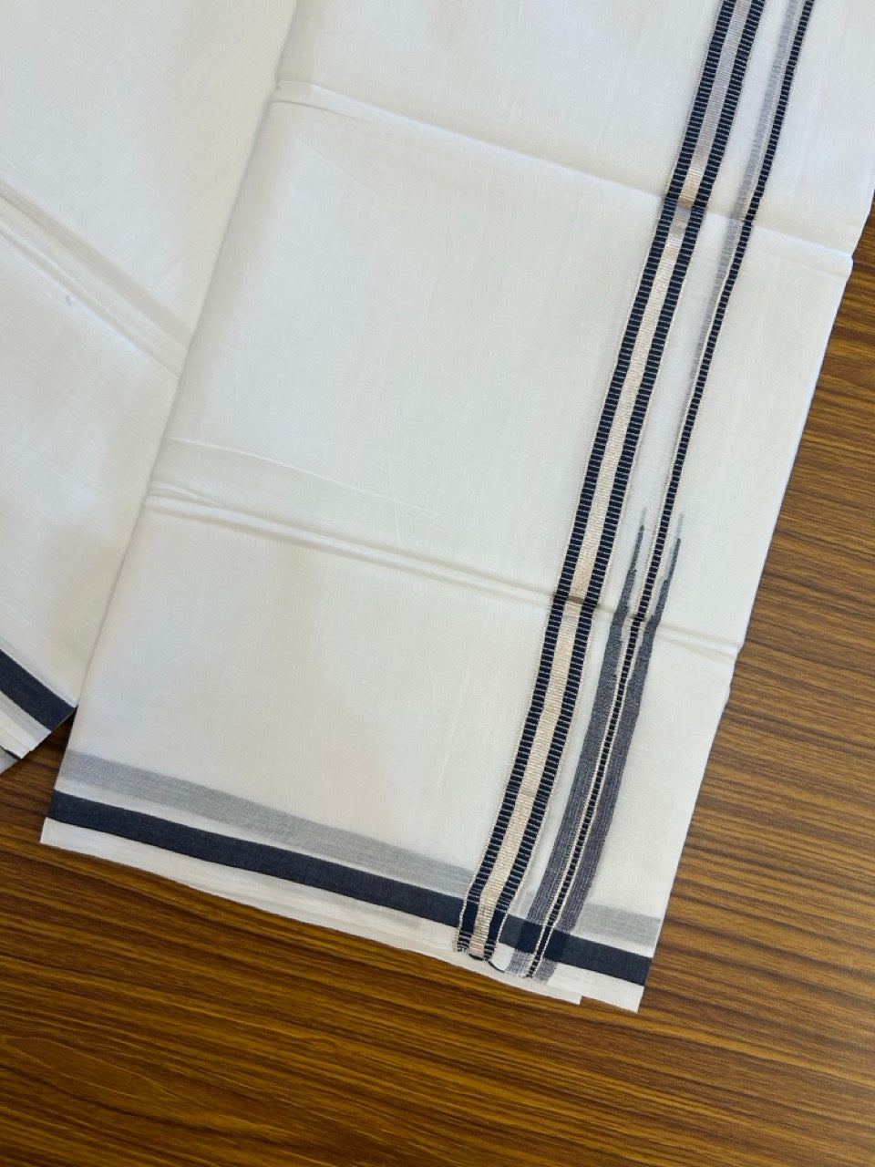20% Discount! KaithariKada Balaramapuram 100% Cotton Pure white Double Mundu/Dhoti - (100x80)s - 0.75 Dark Navy Blue Chutty Silver Kasav - 29 KK5252 CKS