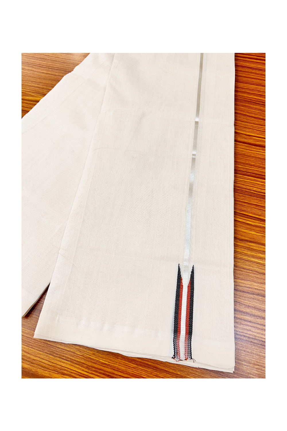 25% Discount! KaithariKada Balaramapuram Handloom Unakkupaav- 100% Pure Cotton 100x100 Double Mundu/Dhoti Off White (Unbleached) - Puliyilakkara Silver Kasavu & Black+Brick Red 2.cm Chutty Kara-29RAM