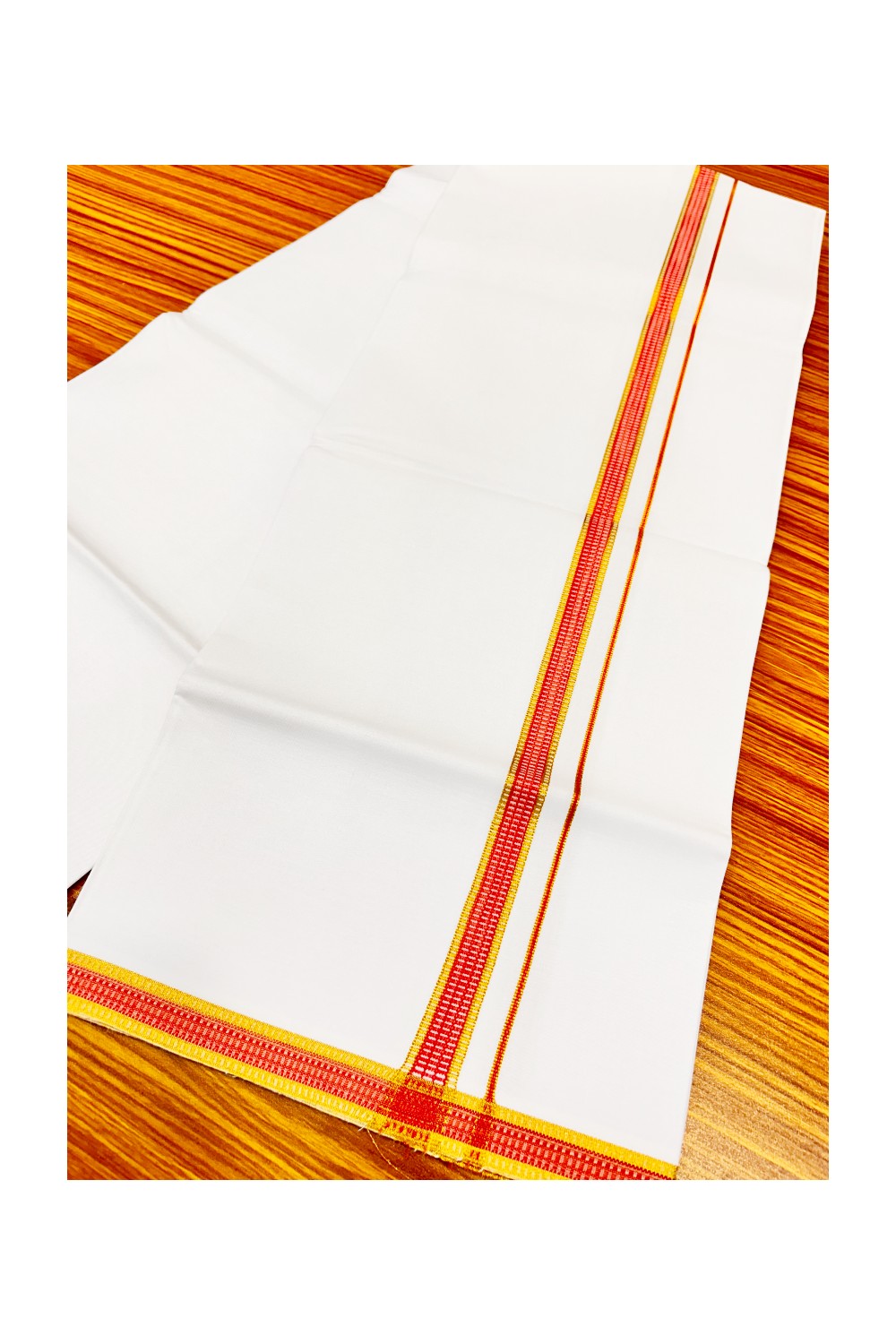 20% Offer!! KaithariKada 100% Cotton Pure White Single Mundu/Dhoti-40X40 Designer Orange+Red & Kasav Zazri 3 cm (2 meter / 4 muzham) Kara- 29sar