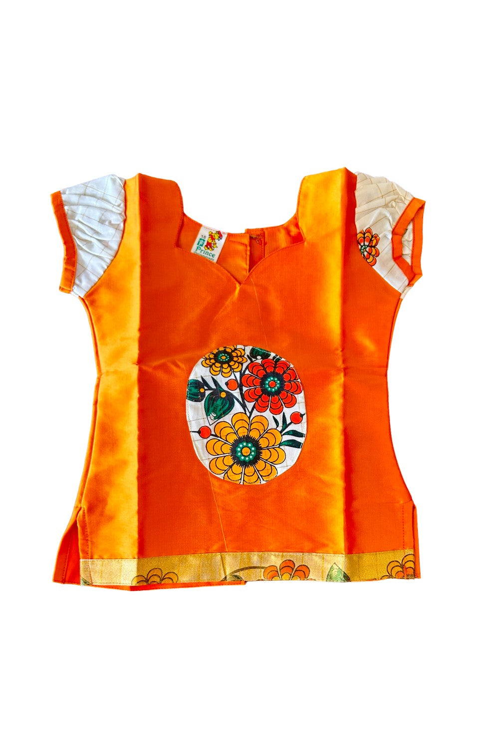 Midukki-Traditional South Indian Kids Pattu Pavada- Orange top white check skirt with kasavu flower print- Age 3 - KK3MID0029