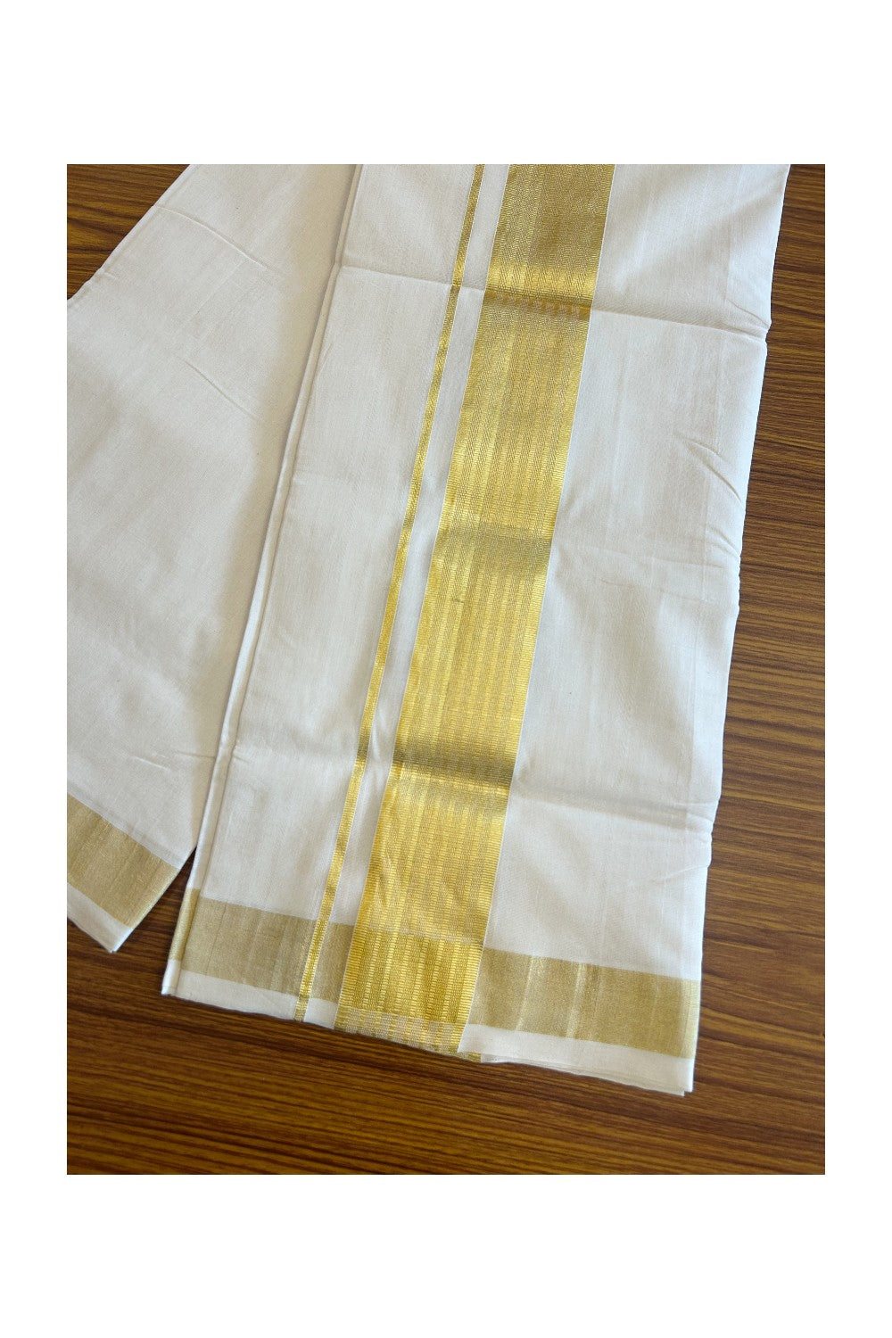 25% DISCOUNT ! KaithariKada HANDLOOM Unakkupaav Balaramapuram - 100% PURE Cotton Off White (Unbleached) Double Mundu/Dhoti - 2.25 INCH KASAVU STRIPES KARA - 2KK71RAM