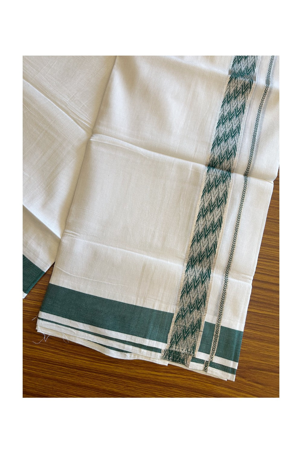 20% DISCOUNT! KaithariKada Balaramapuram 100% Cotton Double PURE white Mundu/Dhoti - 100x80 - 2 Inch Silver kasavu Dark Green jacquard pattern Kara - 29KK5112PMC