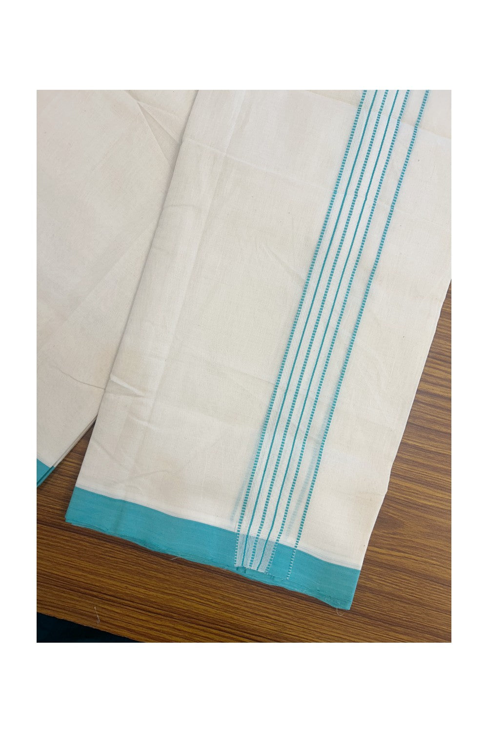 25% DISCOUNT!! KaithariKada HANDLOOM UNAKKUPAAV Balaramapuram - 100% PURE Cotton OFF White - (Unbleached) Double Mundu/Dothi - 80x100 - 1.25 inch Turquoise blue stripes pattern kara 3.80 meter (8.5 Muzham) - 17KK5167REA