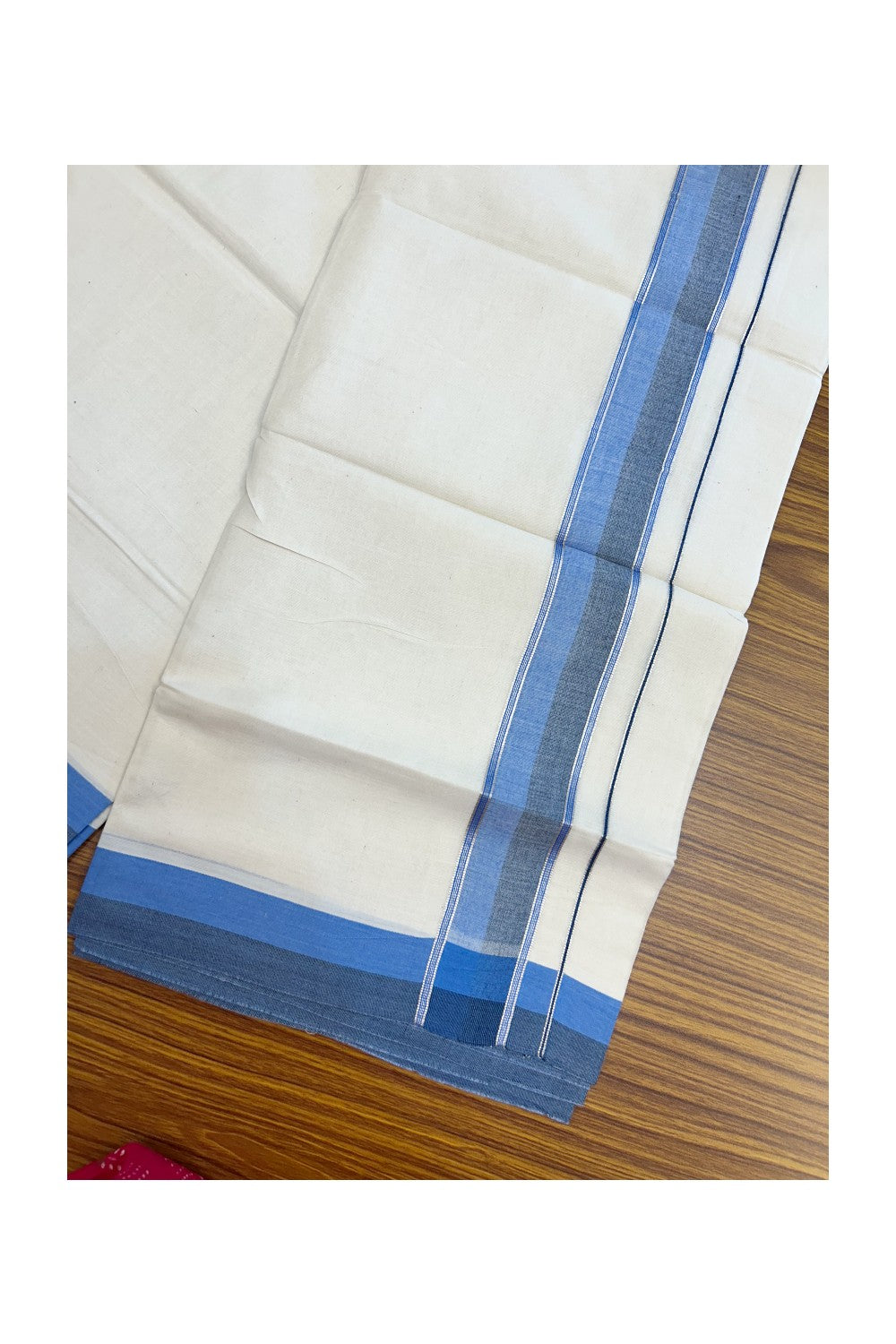 20% DISCOUNT !! KaithariKada Balaramapuram 100% Pure Cotton Double Off white - (Unbleached) Mundu/Dhoti-100x100 - 1.5 inch Puliyilakkara Silver Kasavu Blue & Navy Blue Shaded Stripes Kara - 28KK5186CKS