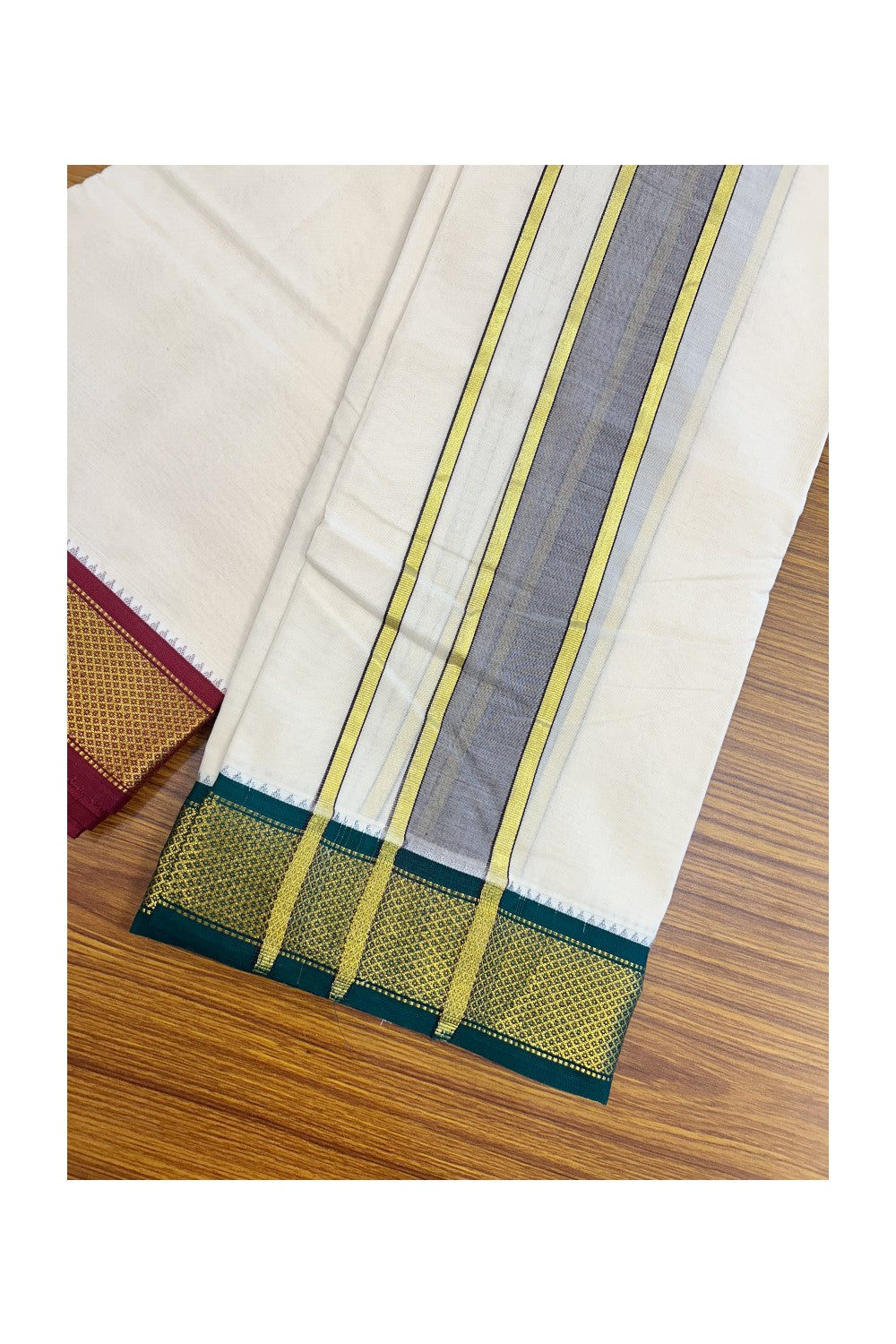 20% DISCOUNT! KaithariKada 100% Cotton Off White - (Unbleached) 100x100 thread - NORTH INDIAN- ATTACHED GAMCHA 10x6 Dhoti 2.25 inch Violet kara with Maroon & Dark Green Kasavu border - 29KK5196PMC
