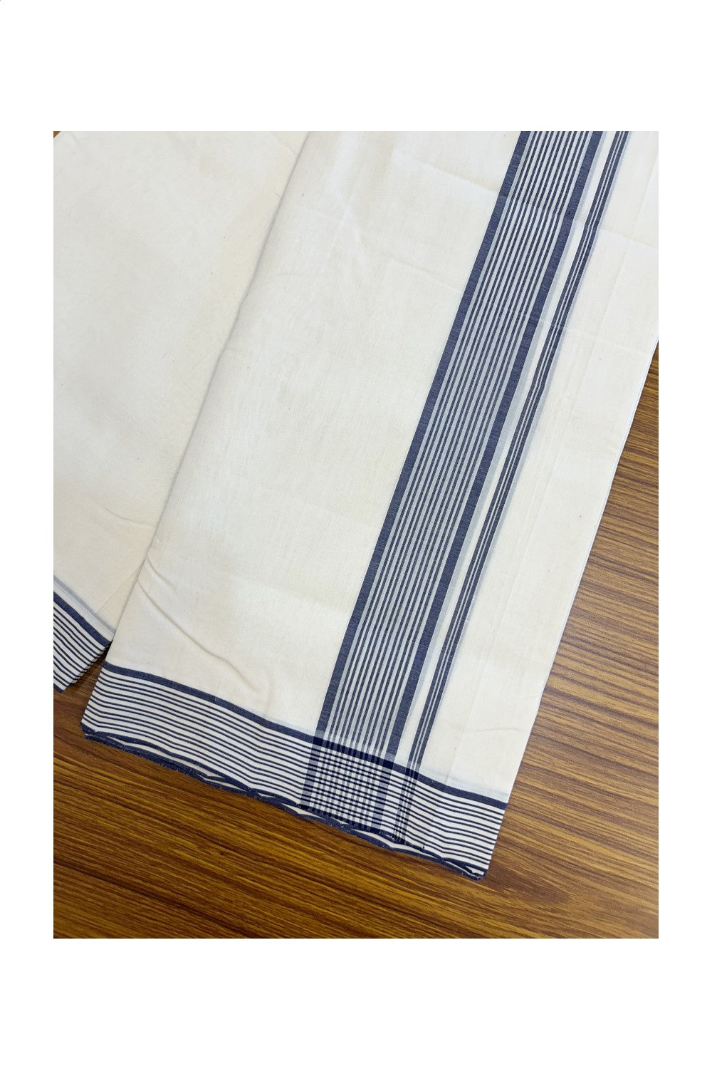 25% DISCOUNT!! KaithariKada HANDLOOM UNAKKUPAAV Balaramapuram - 100% PURE Cotton OFF White - (Unbleached) Double Mundu/Dothi - 80x100 - 1.75 inch Blue Shaded Striped Kara- 29KK5209 REA