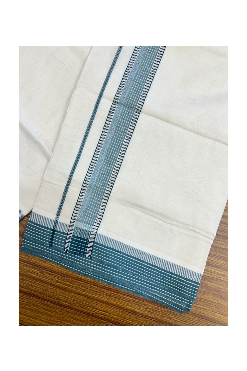 20% DISCOUNT ! KaithariKada Balaramapuram 100% Cotton OFF WHITE (Unbleached) Double Mundu/Dhoti - 100X80 - 1.5 inch Dark Green & Black Striped & Shaded Designer Kara - 29KK5213 VIN