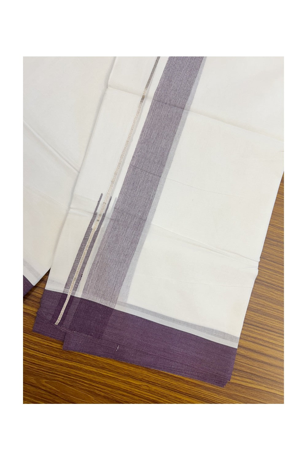 20% DISCOUNT!! Kaitharikada Balaramapuram 100% Pure Cotton PURE WHITE Double Mundu/Dothi - 100x80 - 1.75 Inch Silver Kasavu Grape shaded Stripes Puliyilakkara Chutty - 29KK5217 CKS