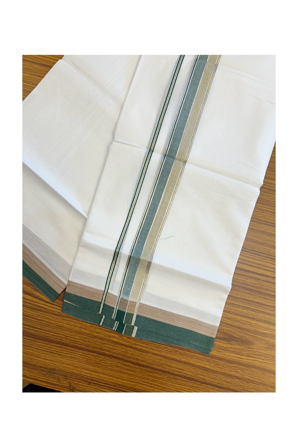 20% DISCOUNT! KaithariKada Balaramapuram 100% Cotton Double Pure white Mundu/Dhoti- 100x80 - 1.5 inch Silver Kasavu Green & Light Brown Shaded Striped Kara - 3.84mtr ( 8 muzham) - 29KK5227 PMC
