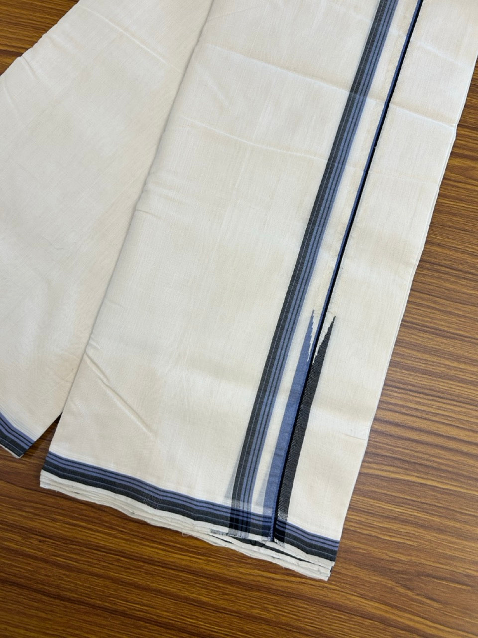 25% DISCOUNT!! KaithariKada HANDLOOM UNAKKUPAAV Balaramapuram - 100% PURE Cotton OFF White - (Unbleached) Double Mundu/Dothi - 100 x 80 - Blue Black Chutty Kara - 3.80 meter (8.5 Mulam) - 29 KK5249 REA