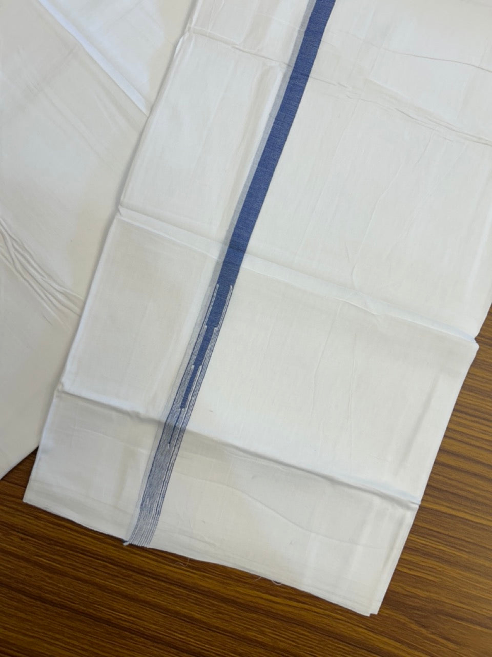 20% DISCOUNT!! NEW!! KaithariKada Balaramapuram 100% Cotton PURE WHITE Double Mundu/Dhoti - (100x80)s - 0.5 inch Blue Kara chutty - 29 KK5249 VIN