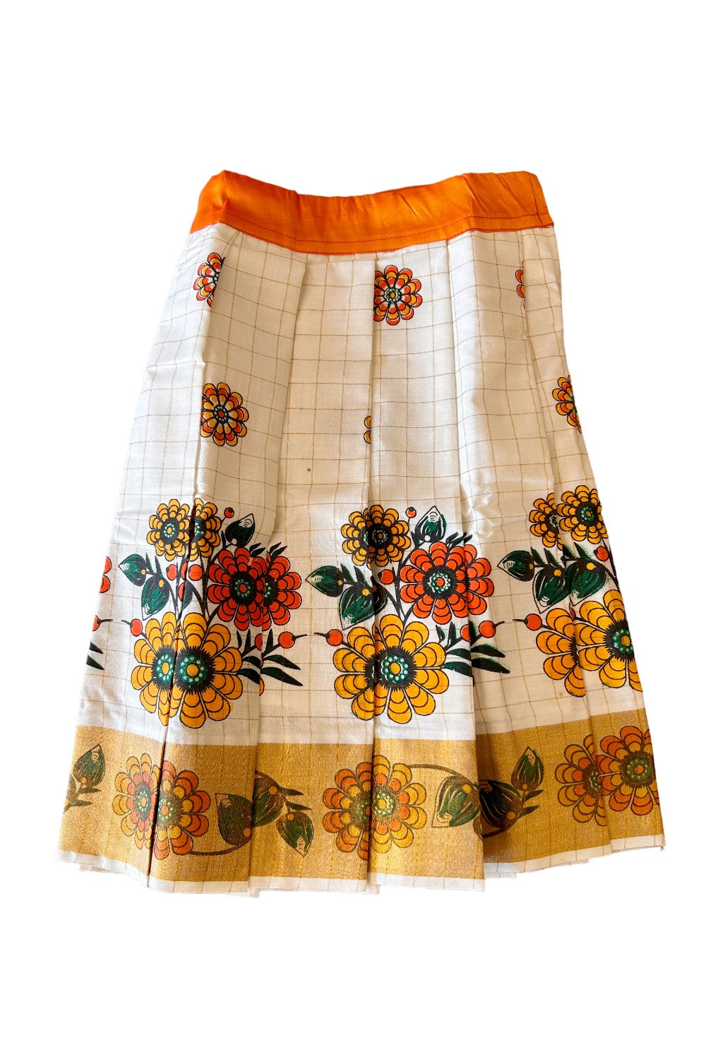 Midukki-Traditional South Indian Kids Pattu Pavada- Orange top white check skirt with kasavu flower print- Age 3 - KK3MID0029