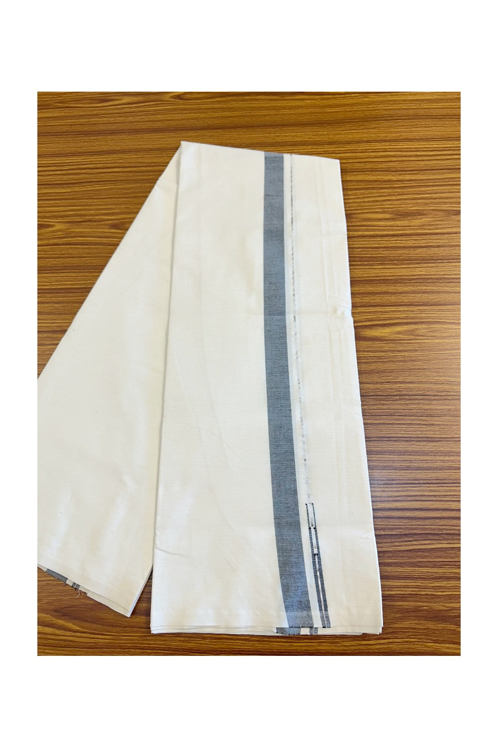 30% DISCOUNT ! KaithariKada Balaramapuram 100% COTTON SINGLE OFF WHITE (Unbleached) Mundu/Dhoti-Twisted 100s Thread- 1.25inch Ash Black & Silver Kasav Chutty (2 meter / 4 muzham) -3KK455ASH