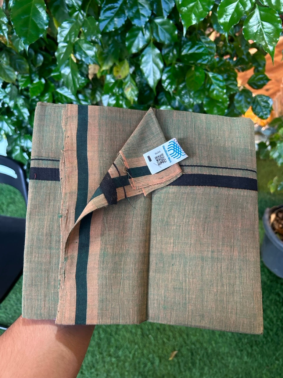 Handloom Single Hallmarked - 10% Discount !! KaithariKada 100% Pure Cotton - Mundu/Dhoti Sage Green Body Black 0.5 inch Kara- (2 meter / 4 muzham)- 3 KK8030 ELA