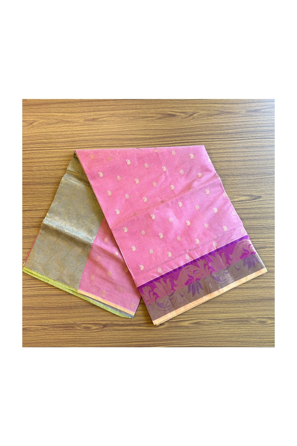 KaithariKada- Balaramapuram Saree - 100% PURE Cotton Silk -Orange Pink ,Violet & Green Design -3KK1005PAN.