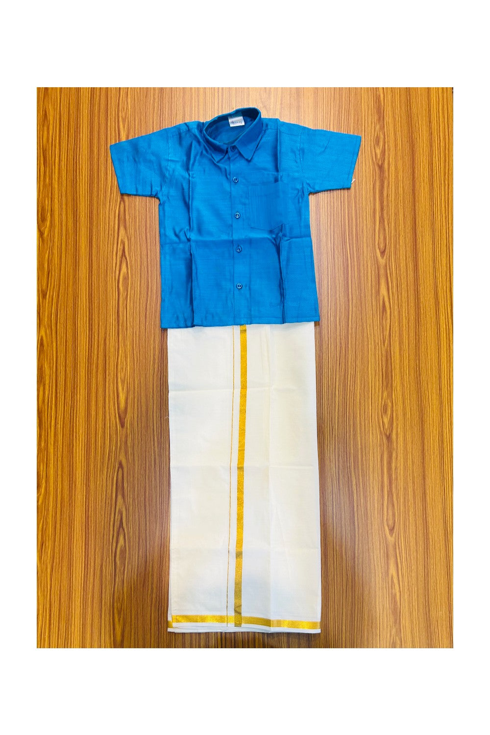10% DISCOUNT !!! Yuvraj-Traditional South Indian Kids Shirt & Mund - Dark sky blue Shirt Off white Kasavu Mund Age 5- 3KK107YUV5