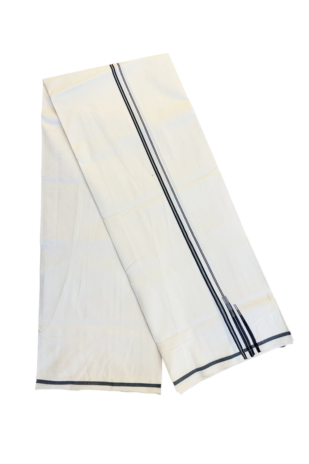 28% Discount! KaithariKada Balaramapuram 100% Cotton Single Off White- (Unbleached) Mundu/Dhoti-100X100- 0.25 Inch (2 meter / 4 muzham) double chutty Black Puliyilakkara Stripes- 3KK204ASH