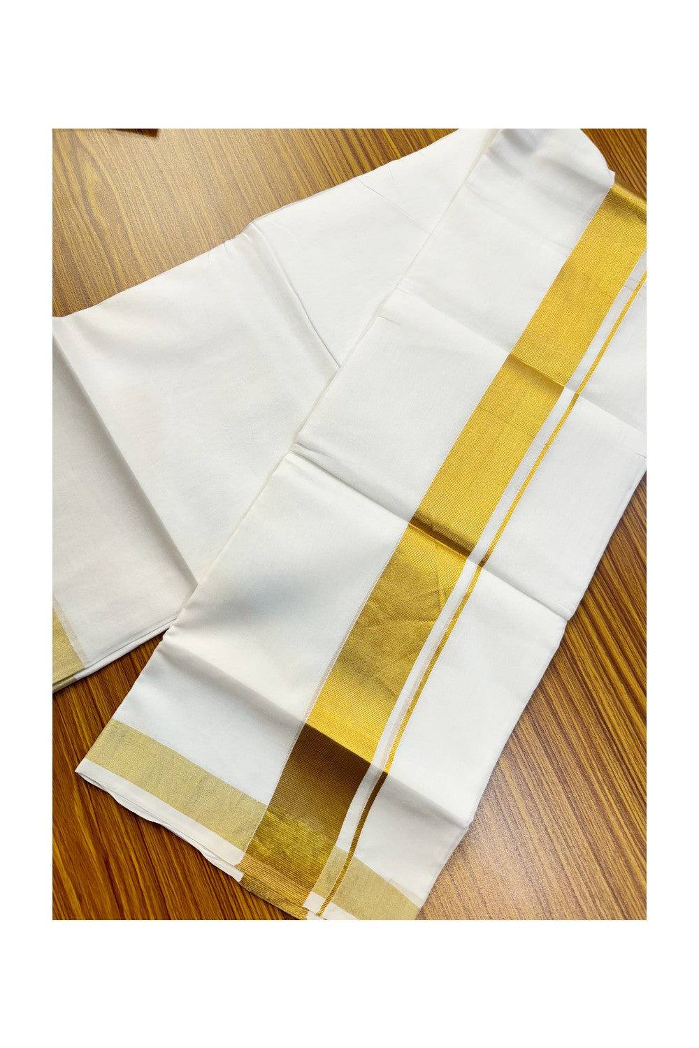 25% DISCOUNT! KaithariKada HANDLOOM Unakkupaavu Balaramapuram - 100% Cotton Double Pure White - Mundu/Dhoti -100x100 2.5inch Gold Kasavu Kara - 3KK409SOM