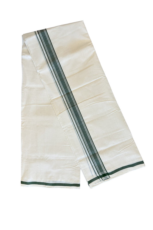 25% DISCOUNT! KaithariKada BALARAMAPURAM HANDLOOM Millpaav - 100% PURE Cotton 100x100 Double Mundu/Dhoti OFF WHITE- (Unbleached) - Green & white Stripes Kara 3.70 m (8 Muzham) - 3KK469VEL