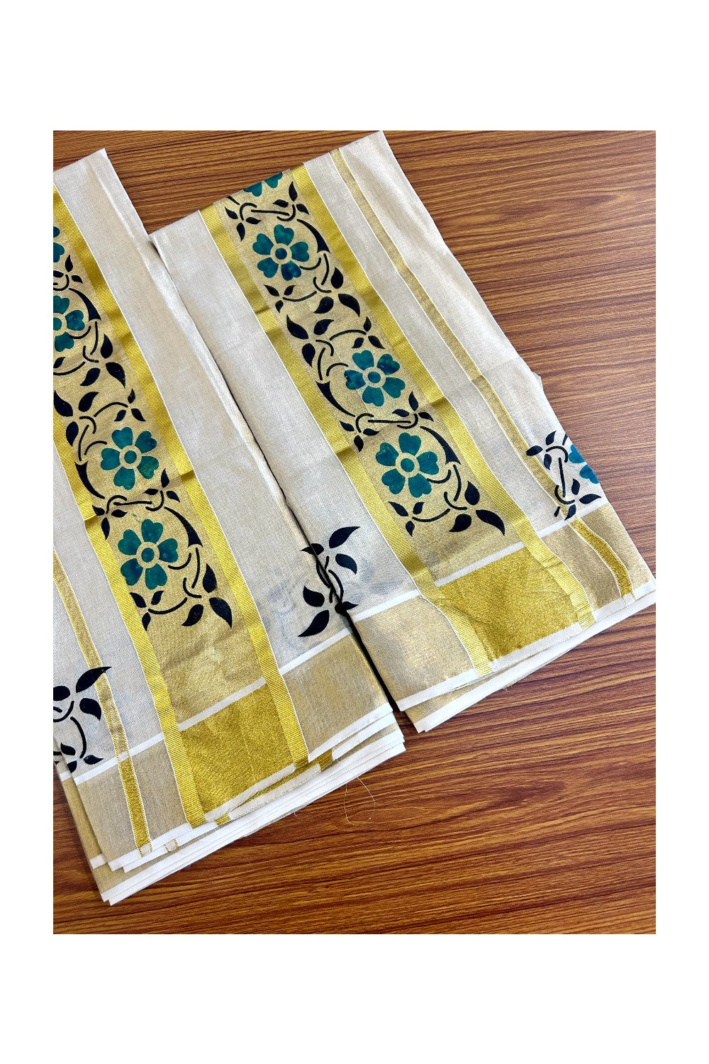 30% Discount!! KaithariKada - Kerala Tissue Single Set Mundu -EXTRA LENGTH - Kasavu Printed Kara with Green Flower Design - 3KK471CKA