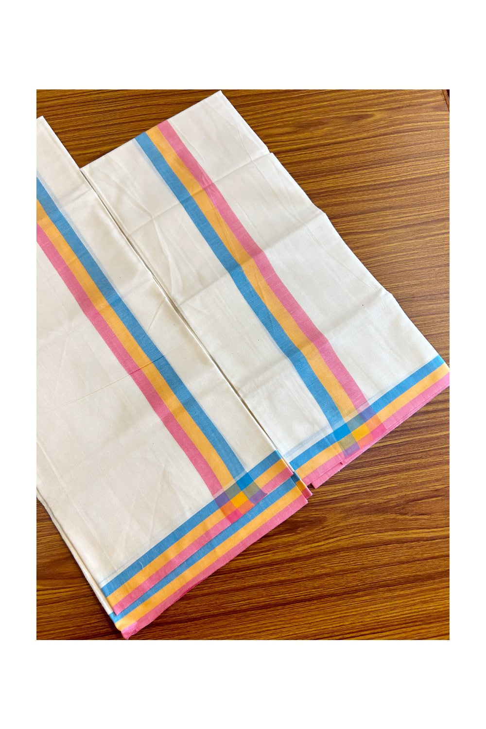 15% Discount!! KaithariKada - Kerala Cotton SINGLE SET MUND FOR WOMEN - EXTRA LENGTH -Blue, Yellow & Pink Stripes Mulloth Kara- 3KK472CKA