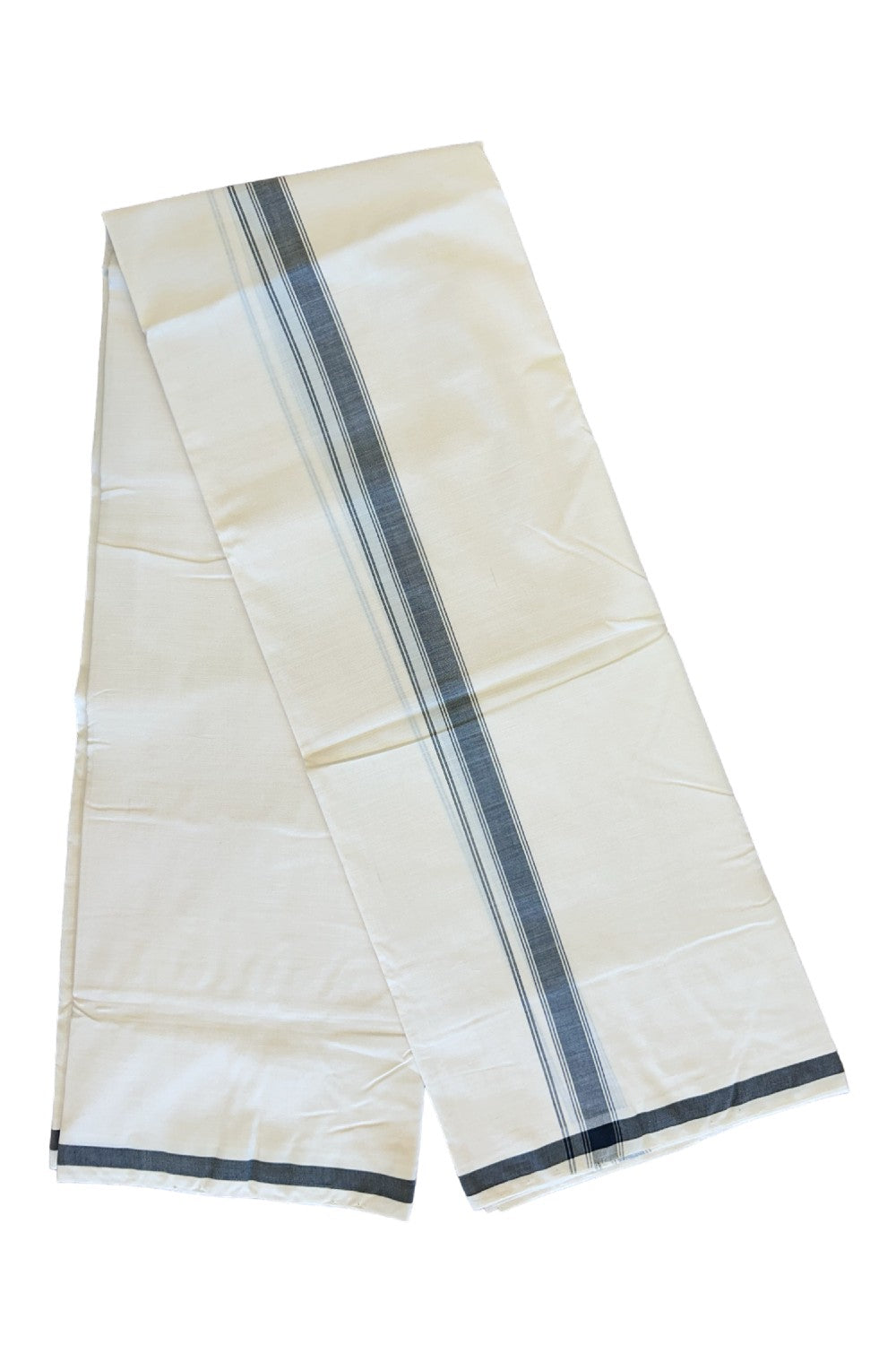 120X120 PREMIUM Kaitharikada Exclusive - 25% DISCOUNT! BALARAMAPURAM HANDLOOM Unakkupaavu - 100% PURE Cotton Double Mundu/Dhoti OFF WHITE (Unbleached) - 1.5 inch Black Striped Kara - 3KK477KAL
