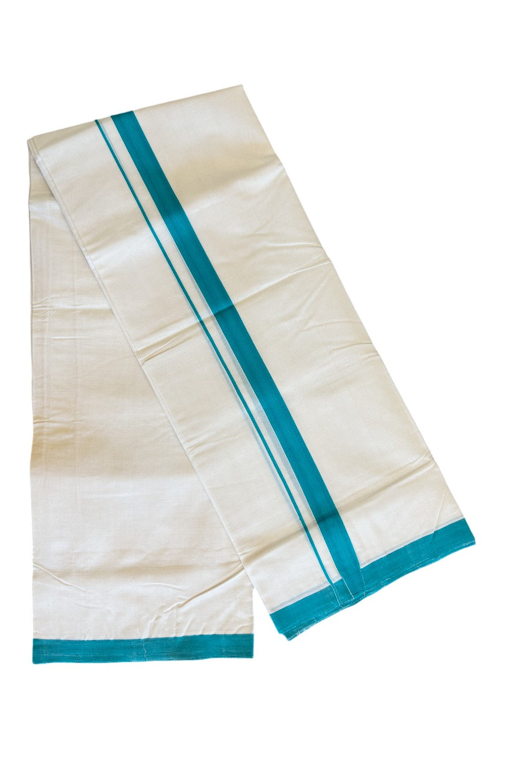 30% DISCOUNT!! KaithariKada HANDLOOM UNAKKUPAAV Balaramapuram - 100% PURE Cotton OFF White - (Unbleached) Double Mundu/Dothi - 1.75 Inch Green Mulloth Kara - 3KK498KK
