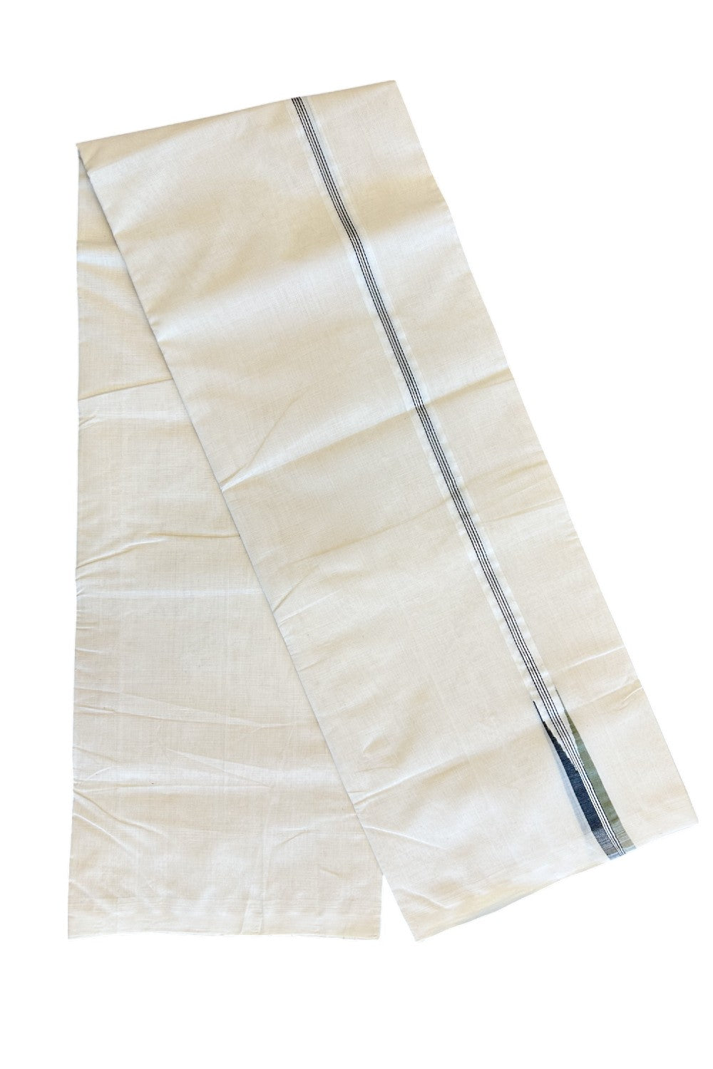 30% DISCOUNT!! KaithariKada HANDLOOM millpaav Balaramapuram - 100% PURE Cotton OFF White - (Unbleached) Double Mundu/Dothi - Green Black & Silver Striped puliyilakkara chutty- 3KK5020RAM
