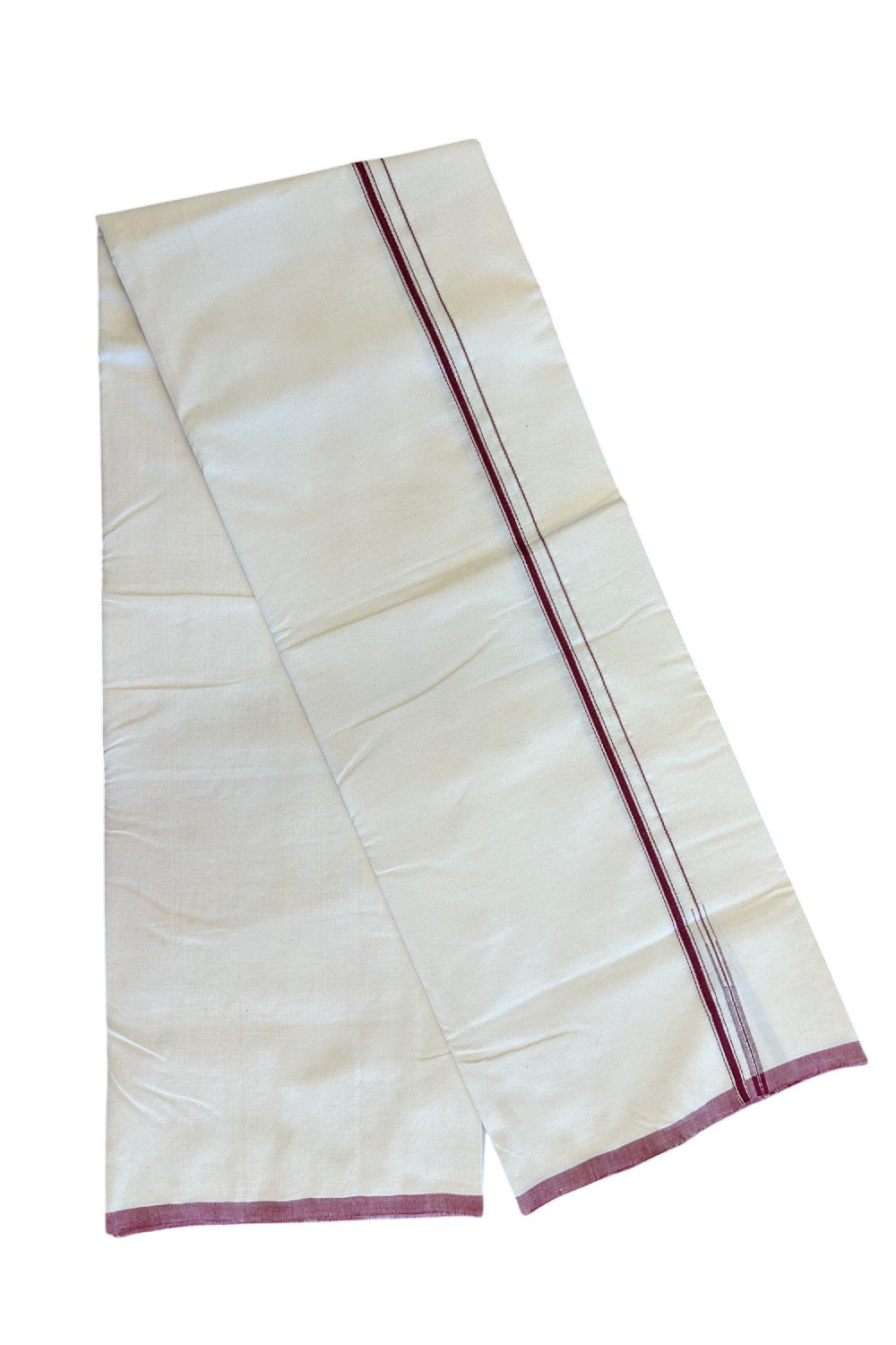SIGNATURE KAITHARIKADA EXCLUSIVE SINGLE DHOTI - 25%DISCOUNT!! 100% Cotton Balaramapuram HANDLOOM Single Mundu/Dhoti - Off White - (Unbleached) 1 cm Maroon & Silver Striped KASAVU Chutty Kara (2 meter / 4 muzham) - 3KK5040KAI