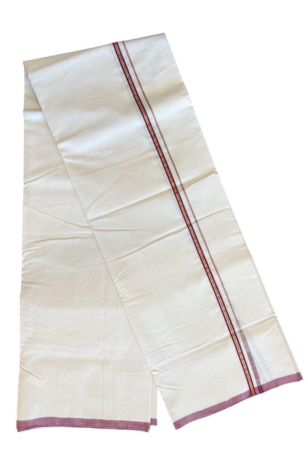 SIGNATURE KAITHARIKADA EXCLUSIVE SINGLE DHOTI - 100% Cotton Balaramapuram HANDLOOM Single Mundu/Dhoti - Off White - (Unbleached) 1 cm Maroon & KASAVU Striped Chutty Kara (2 metre / 4 muzham) - 3KK5078KAI