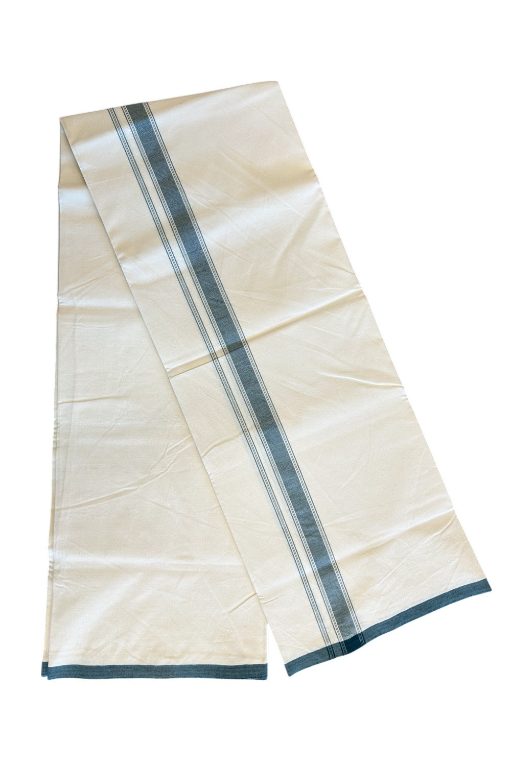 19% DISCOUNT ! KaithariKada Balaramapuram 100% COTTON SINGLE OFF WHITE - (Unbleached) Mundu/Dhoti-Twisted 100s Thread- 1.75 inch Green Striped Kara (2 metre - 4 muzham) - 3KK5084ASH