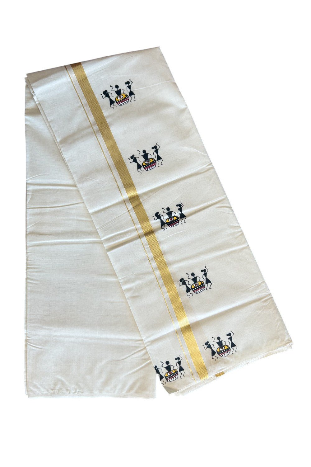25% Discount!! KaithariKada HANDLOOM Millpaav Balaramapuram - 100% PURE Cotton OFF White - (Unbleached) Double Mundu/Dothi - 1.25 Inch Kasavu kara Hand Painted Warli Design - 3KK5091RAM