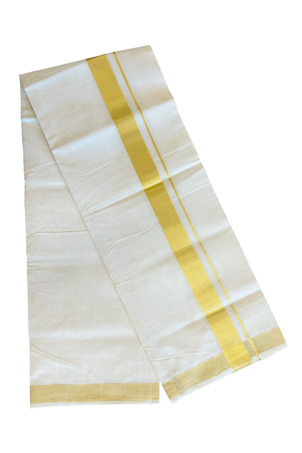 25% DISCOUNT ! KaithariKada HANDLOOM Unakkupaav Balaramapuram - 100% PURE Cotton Off White - (Unbleached) Double Mundu/Dhoti - 2.25 inch Gold Kasavu Kara - 3KK5107ABH