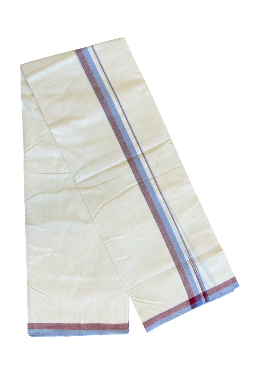 SIGNATURE KAITHARIKADA EXCLUSIVE SINGLE DHOTI - 25% Discount!! 100% Cotton Balaramapuram HANDLOOM Single Mundu/Dhoti - Off White - (Unbleached) 1 inch Lavender Blue & Maroon Puliyilakkara chutty (2 meters /4 muzham) - 3KK5124KAI