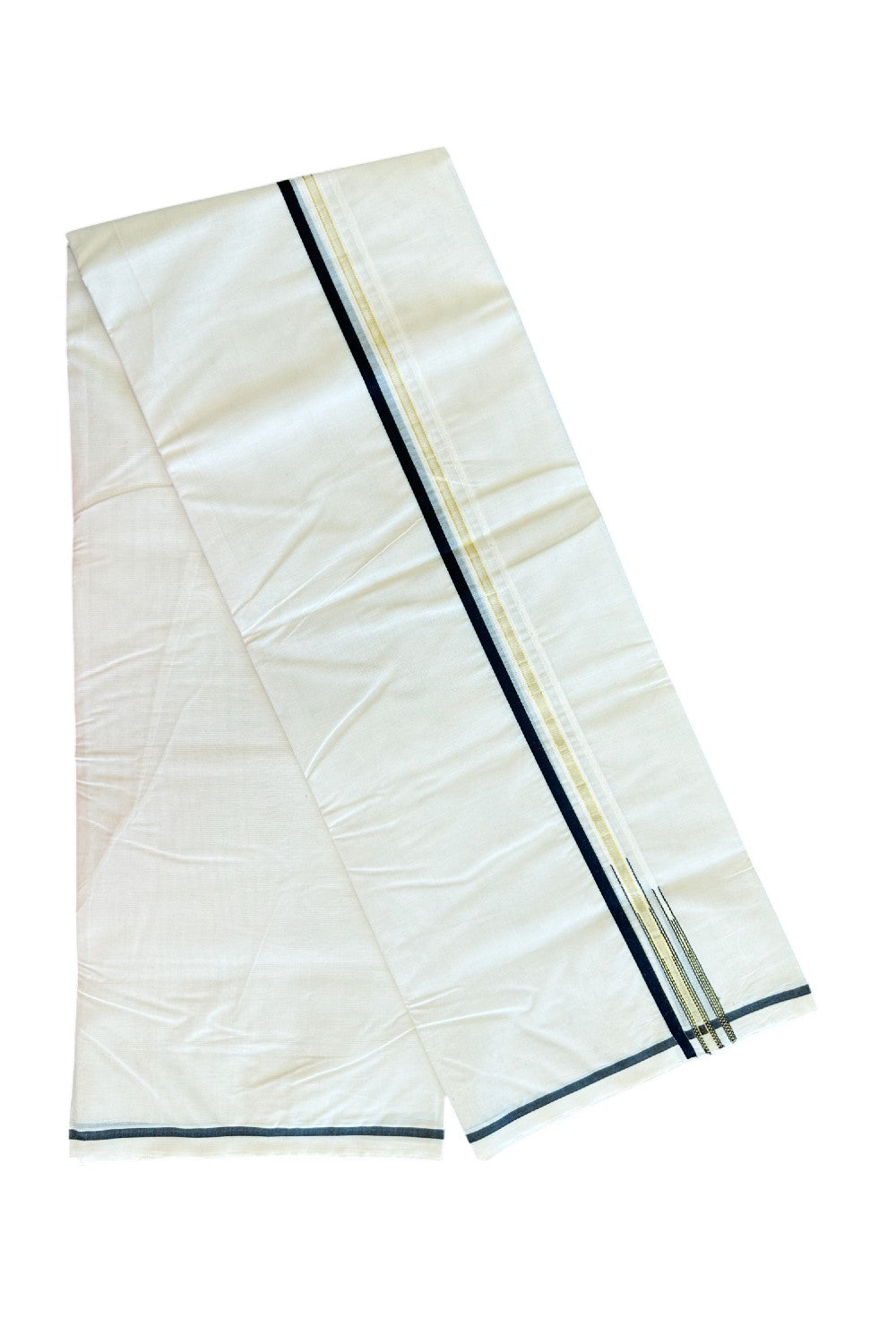 20% Discount!!! KaithariKada Balaramapuram 100% Cotton off white (Unbleached) Double Mundu/Dhoti-100x100 1.cm Double Chutty Black & Kasavu-23
