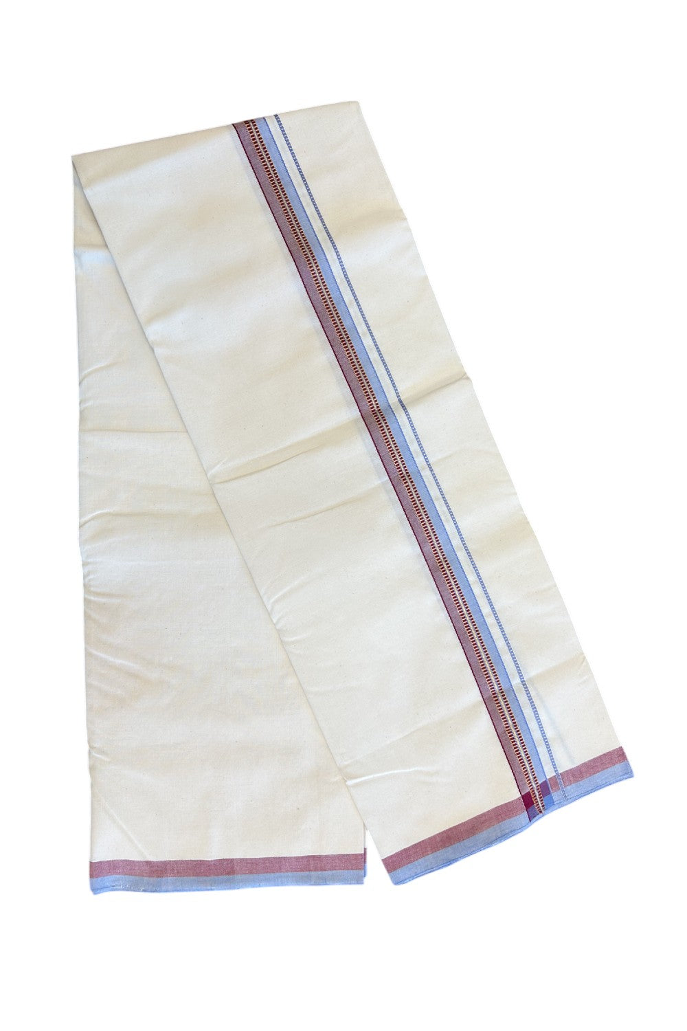 SIGNATURE KAITHARIKADA EXCLUSIVE SINGLE DHOTI - 30% Discount!! 100% Cotton Balaramapuram HANDLOOM Single Mundu/Dhoti - Off White - (Unbleached) 1 inch Lavender Blue & Maroon Kasavu Muthukuri kara (2 meters /4 muzham) - 2KK5131KAI