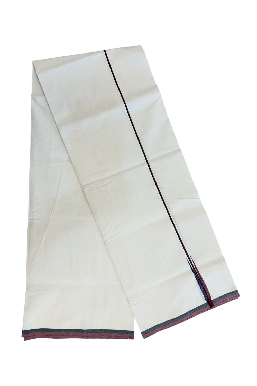 DMK Veshti - 29% DISCOUNT ! KaithariKada Balaramapuram 100% COTTON SINGLE OFF WHITE (Unbleached) Mundu/Dhoti-100X100 - 1 cm Puliyilakkara Maroon & Black Chutty (2 meter / 4 muzham) - 3KK5165ASH