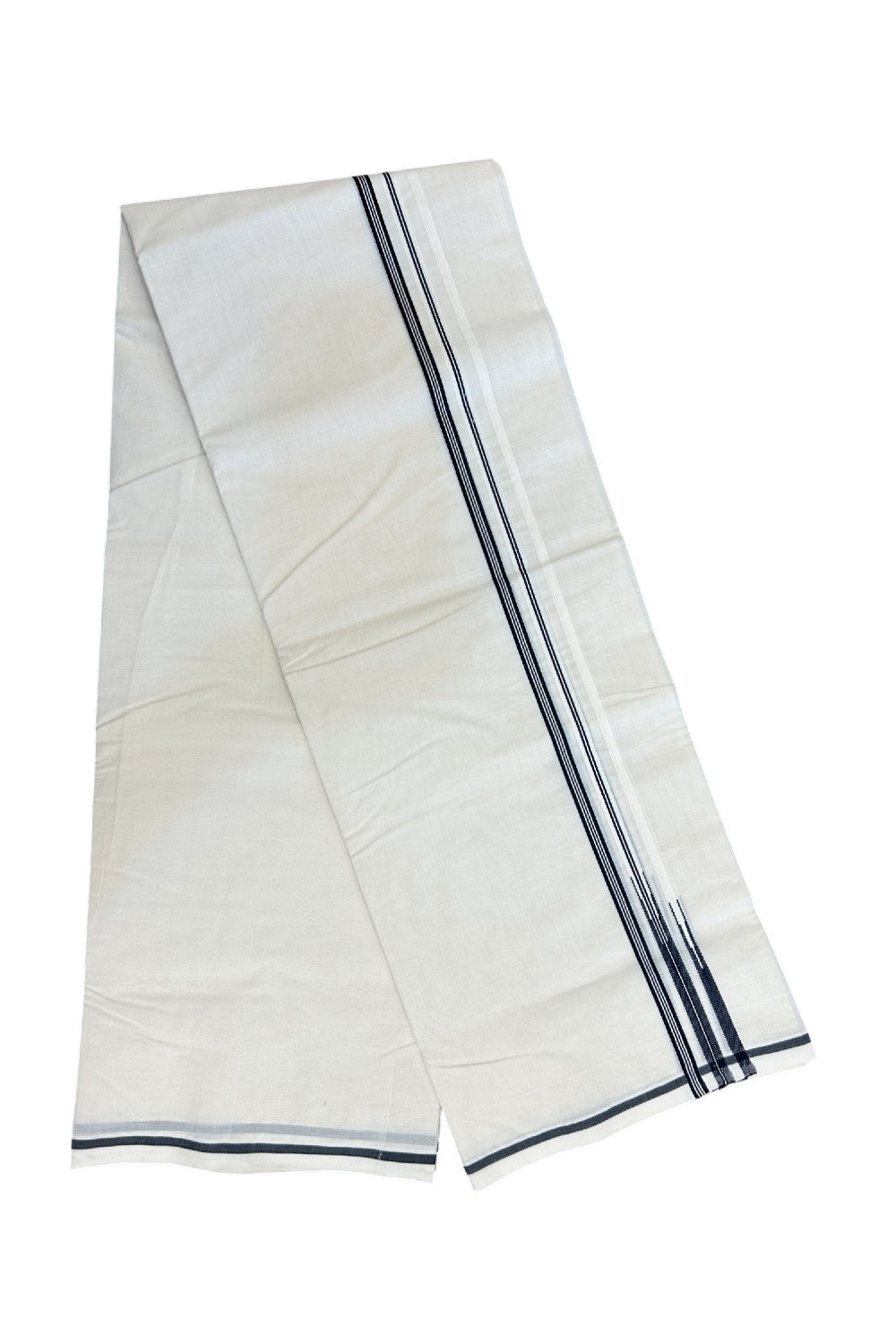 27% DISCOUNT!! KaithariKada Balaramapuram 100% Cotton off white Double - (Unbleached) Mundu/Dhoti-100x100 Puliyilakkara Double Chutty 0.25 inch Black Striped Kara 3.75 mtr (8 Muzham)- 3KK5168ASH