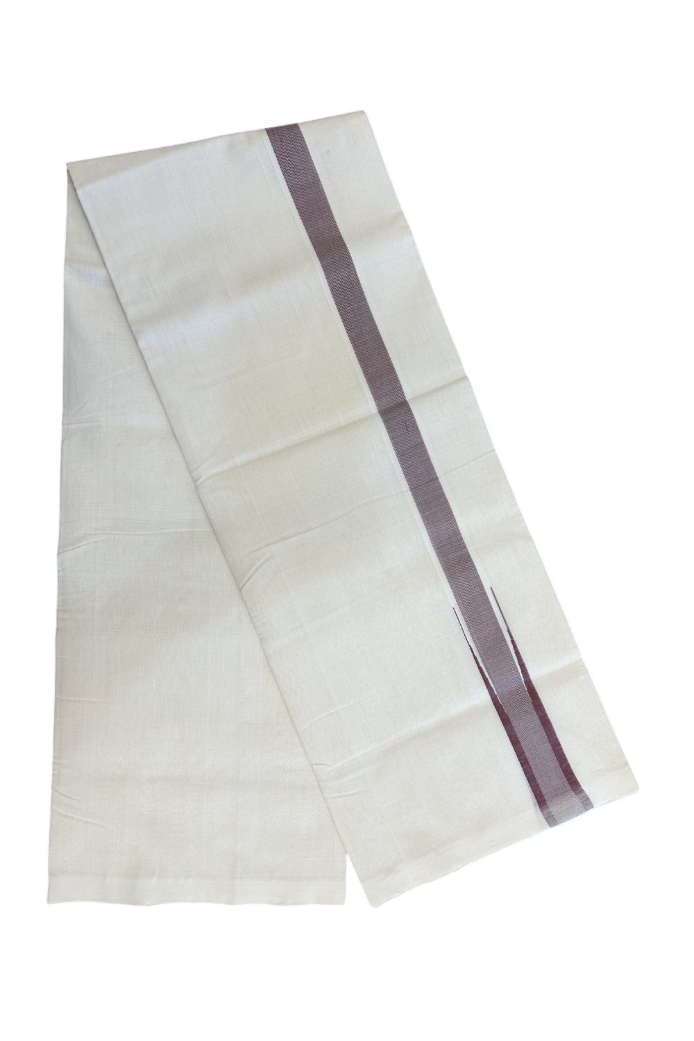 25% DISCOUNT! KaithariKada BALARAMAPURAM HANDLOOM MILLPAAV - 100% PURE Cotton Off white (Unbleached) Double Mundu/Dhoti - 1.25 inch Dark Maroon & Silver Kasav Chutty Kara - 10KK5170RAM